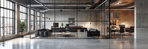 Modern office interior with glass walls, black leather sofas, and concrete floor. Features minimalist industrial design for a modern business workspace concept in industrial style. photo