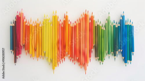 Colorful pencils in a rainbow arrangement, snapped without their wooden casing. Placed in the center of a white backdrop, they extend beyond its left edge.