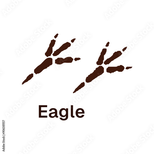Icon of eagle traces with inscription. Print of silhouettes of paws with claws. Bird of prey tracks on ground. Wild animals' trails, footprint. Flat isolated vector illustration on white background