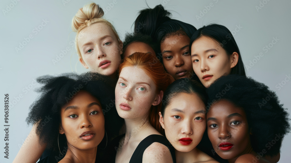Eight women of diverse backgrounds huddle closely together for a striking portrait against a simple background, showcasing diversity and strength. Eight women of diverse backgrounds huddle closely together for a striking portrait against a simple background, showcasing diversity and strength.