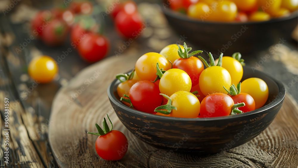 Red and yellow tomatoes in the wooden bowl in the cozy kitchen. Red and yellow tomatoes in the wooden bowl in the cozy kitchen.