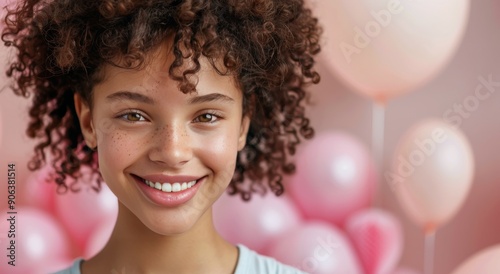 Smiling Young Girl With Curly Hair Surrounded By Pink Balloons In a Festive S...