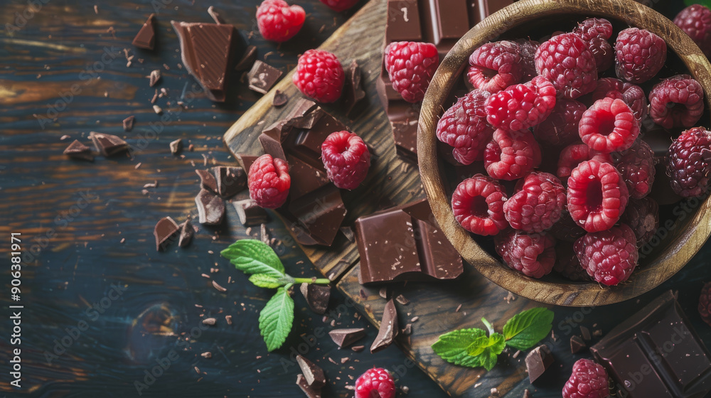 A bowl of fresh raspberries and broken chocolate pieces on a wooden surface, evoking indulgent, rustic, and delicious charm. A bowl of fresh raspberries and broken chocolate pieces on a wooden surface, evoking indulgent, rustic, and delicious charm.
