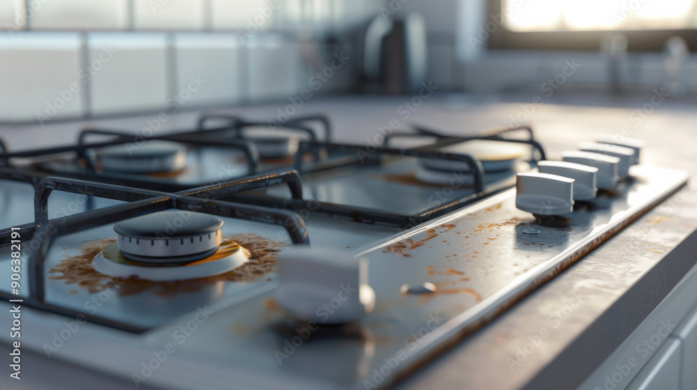 A close-up view of a stovetop with grease and food residues, highlighting the aftermath of cooking and the need for cleaning in a modern kitchen.
