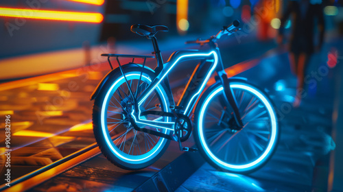 A futuristic bicycle with neon blue lights illuminates a sleek, modern urban night scene, exuding a sense of innovation and technology.