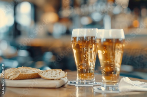 Two Glasses of Beer With Fresh Bread on a Rustic Table in a Warm Bar Setting