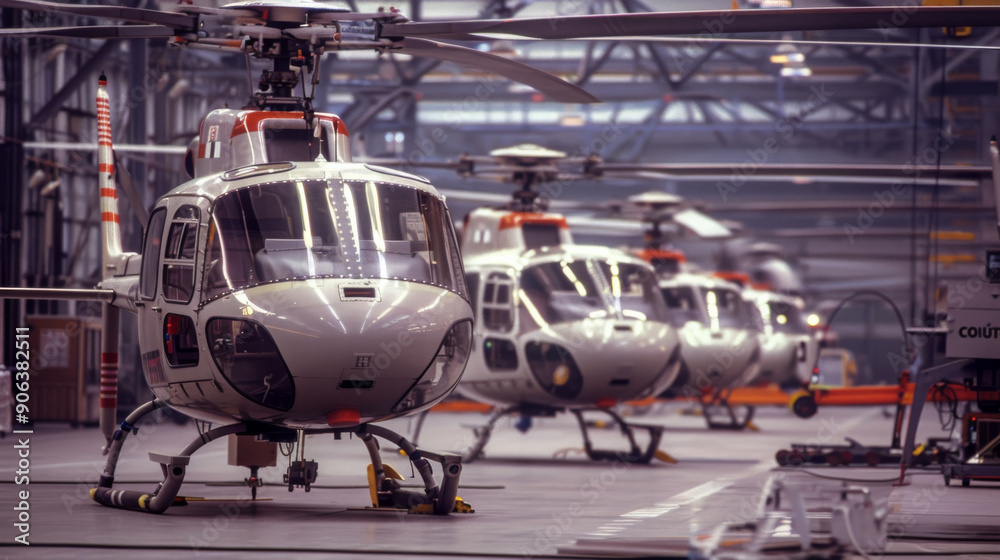 A fleet of helicopters inside a spacious hangar, showcasing the intricate network of aviation maintenance and readiness. A fleet of helicopters inside a spacious hangar, showcasing the intricate network of aviation maintenance and readiness.