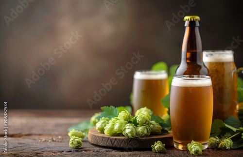 Craft Beer Bottles and Glass on Wooden Table With Fresh Hops in Cozy Setting