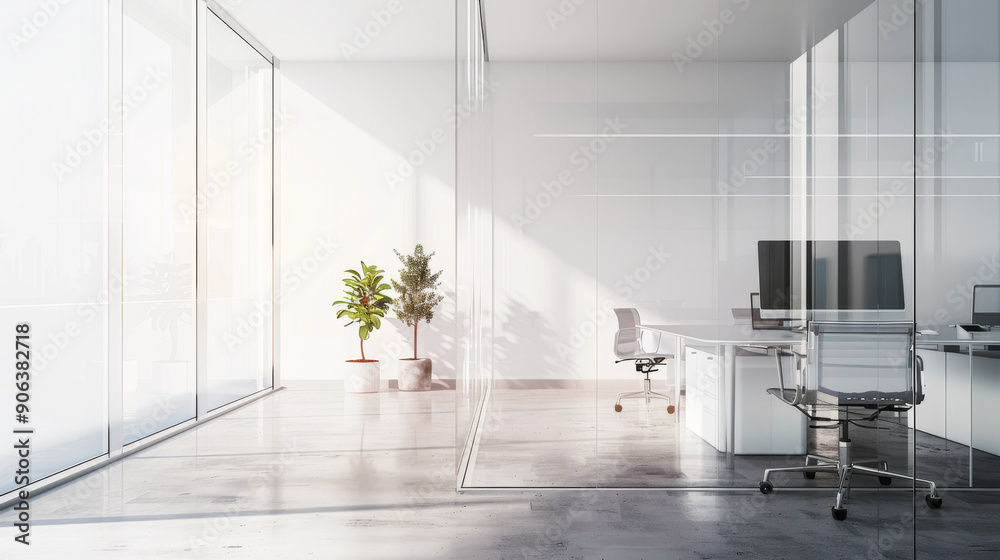 A bright, minimalist office with white walls and glass partitions, featuring a workstation, chair, and potted plants, bathed in sunlight. A bright, minimalist office with white walls and glass partitions, featuring a workstation, chair, and potted plants, bathed in sunlight.