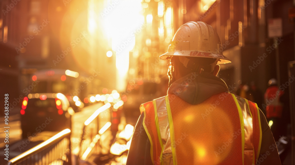 A construction worker in a reflective vest and hard hat stands facing the sunrise, symbolizing dedication and hard work in an urban setting. A construction worker in a reflective vest and hard hat stands facing the sunrise, symbolizing dedication and hard work in an urban setting.