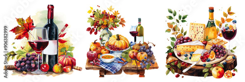 A beautiful watercolor series depicting the richness of autumn harvest, with scenes of wine, fruits, cheeses, and vibrant fall foliage. Autumn Harvest and Wine Watercolor Series


