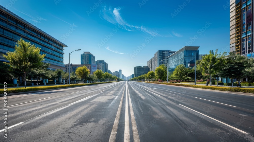 Obraz premium Empty City Street with Modern Buildings.