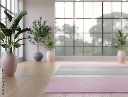 Yoga Mats Set Up for Morning Class in Tranquil Studio With Large Windows