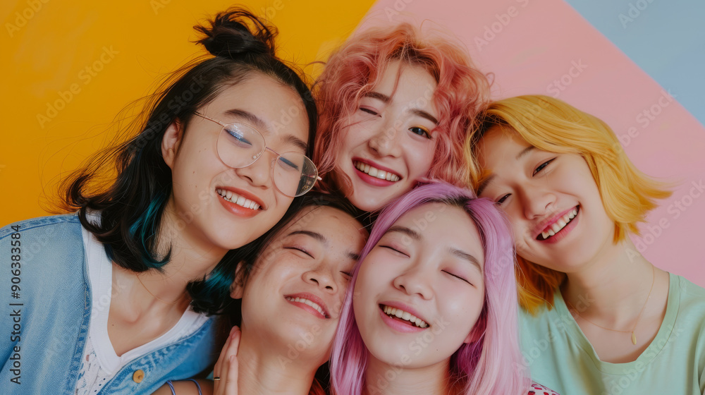 Five friends with colorful hairstyles smile and hug, the soft pastel backdrop enhancing their joyful expressions. Five friends with colorful hairstyles smile and hug, the soft pastel backdrop enhancing their joyful expressions.