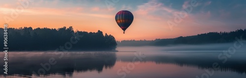 Hot Air Balloon Floating Over Calm Lake at Sunrise With Misty Forest Background