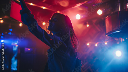 A young woman dances joyfully amidst vibrant colored lights at a lively, high-energy party.