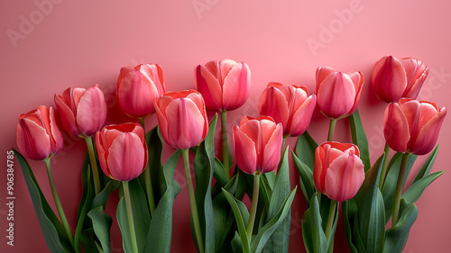 Elegant Bouquet of tulips with lush green leaves against a pink background close-up floral minimalist theme.