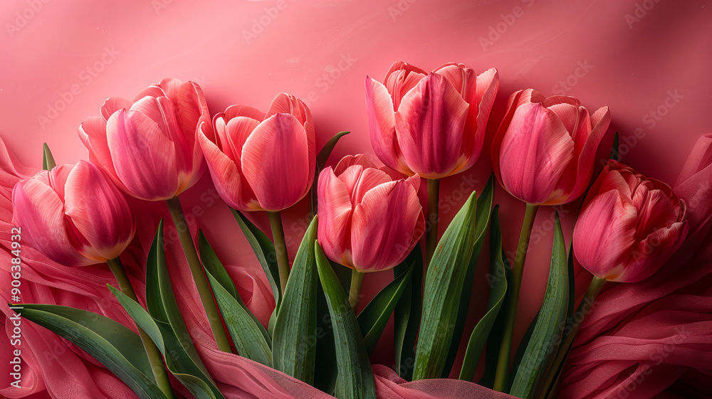 Obraz premium Elegant pink tulips with lush green leaves against a pink background close-up floral minimalist theme.