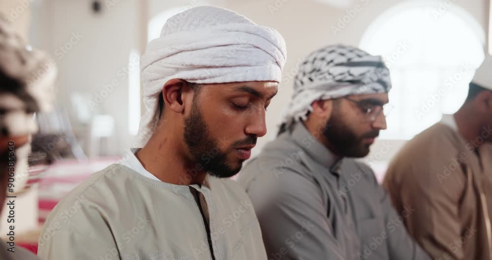 Culture, mosque and prayer with Muslim men in temple together for belief, faith or religion. Allah, hajj and ramadan kareem with Islamic people praying for Eid Mubarak or holy commitment to tradition Culture, mosque and prayer with Muslim men in temple together for belief, faith or religion. Allah, hajj and ramadan kareem with Islamic people praying for Eid Mubarak or holy commitment to tradition