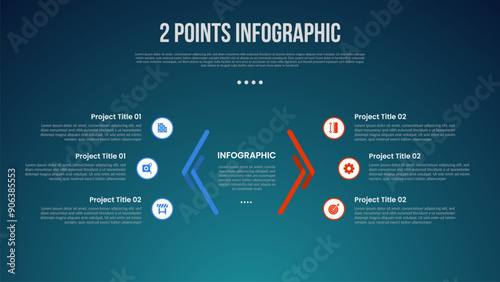 2 or two point template comparison versus things in infographic with creative line arrow opposite on center with modern dark style for slide presentation