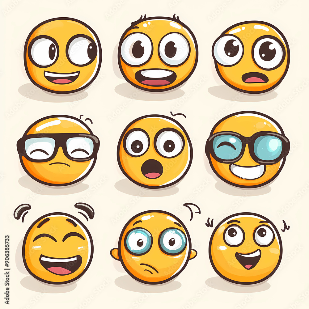 set of smileys with emotions, set of variety of yellow emoji faces with different facial expressions, stickers set of smileys with emotions, set of variety of yellow emoji faces with different facial expressions, stickers