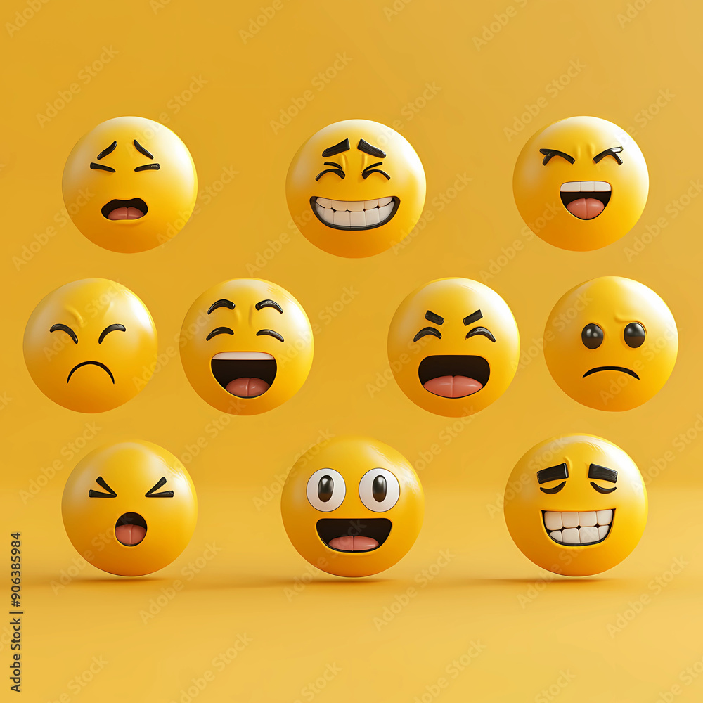 set of smileys with emotions, set of variety of yellow emoji faces with different facial expressions, stickers set of smileys with emotions, set of variety of yellow emoji faces with different facial expressions, stickers