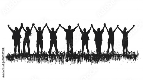 Silhouette of a group of people raising their hands in the air.