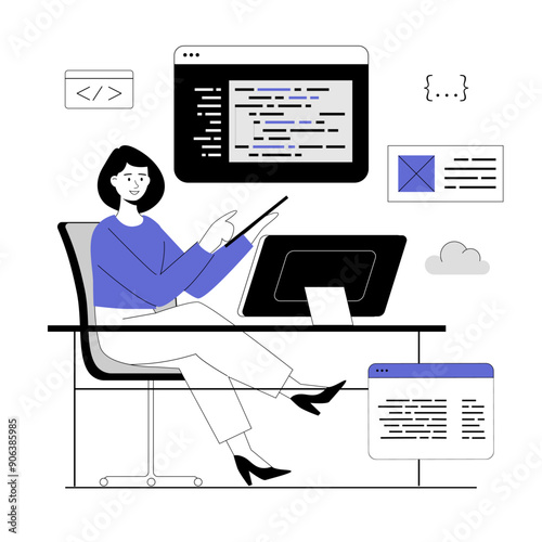 Programming and software development concept. Computer engineer writes code. Vector illustration with line people for web design.