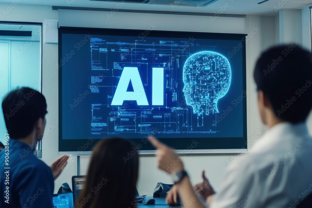 A group of people looking at a presentation about AI with a digital brain on a screen A group of people looking at a presentation about AI with a digital brain on a screen