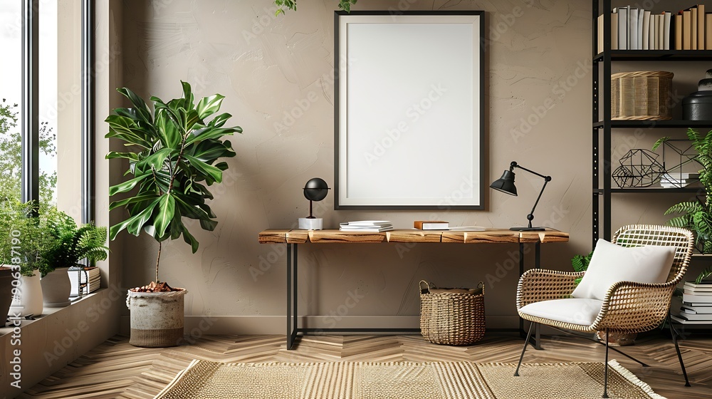 Creative composition of workplace interior with mock up poster frame wooden desk rattan chair black rack patterned rug plant brown wall books and personal accessories Home decor Templa : Generative AI Creative composition of workplace interior with mock up poster frame wooden desk rattan chair black rack patterned rug plant brown wall books and personal accessories Home decor Templa : Generative AI