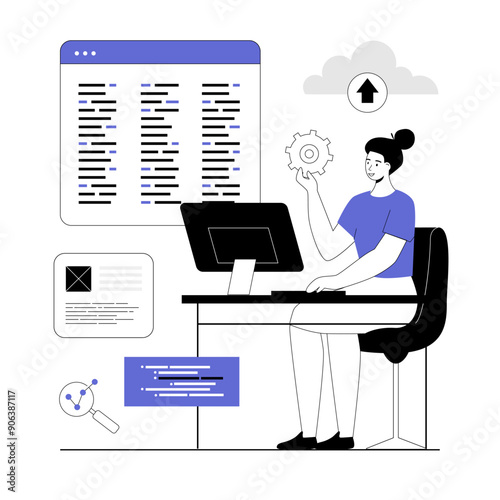 Software development, programming, coding. Woman working on web and application development on computer. Vector illustration with line people for web design.