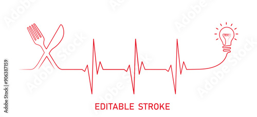 Editable lines heart rhythm illustration with fork, knife and bulb, heartbeat line vector design to use for healthcare, business, healthy lifestyle, healthy food, ekg concept projects. 