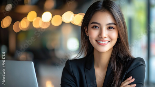 A woman is smiling and posing for a picture in front of a laptop. She is wearing a black suit and she is confident and professional