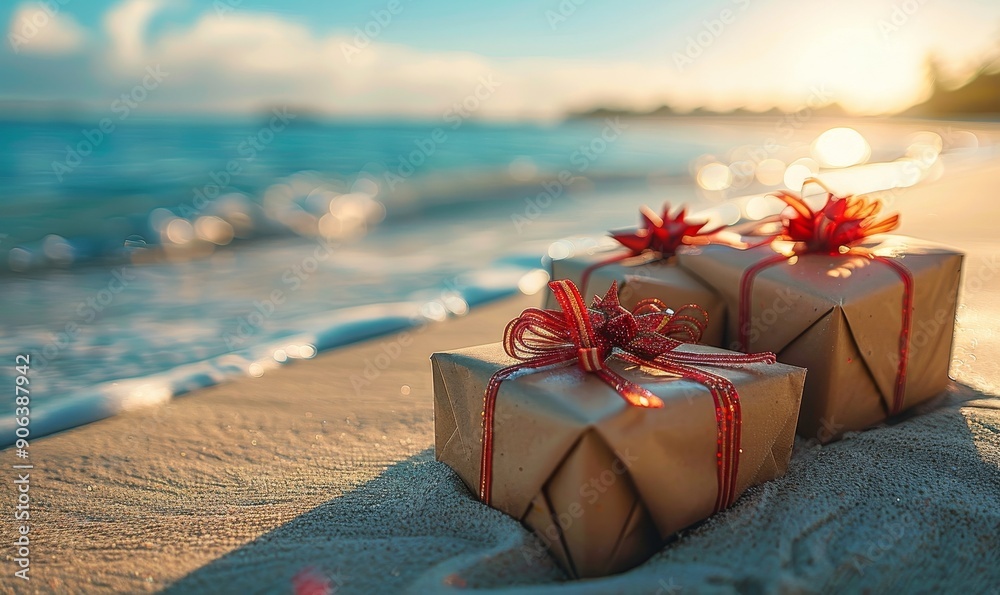 Christmas gifts in the sand on the beach - holiday Christmas concept, Generative AI