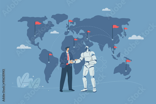 The concept of international business growth, Using AI to analyze global market expansion, Global business idea, Working with artificial intelligence, Global business growth. Vector illustration.