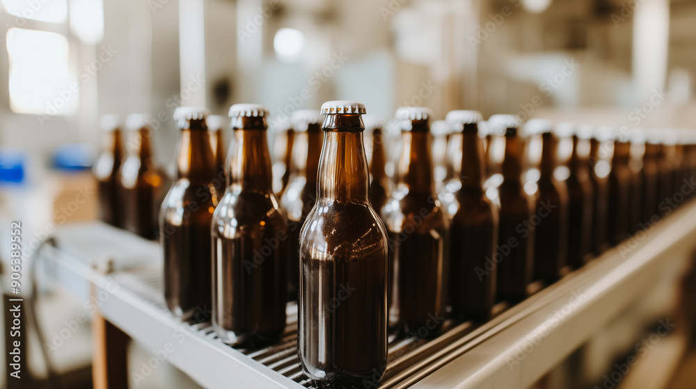 A row of beer bottles on a conveyor belt A row of beer bottles on a conveyor belt