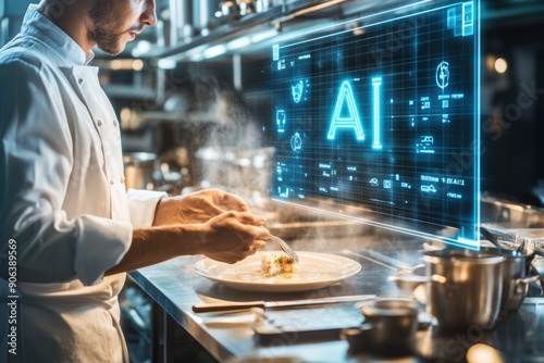Chef Preparing Food in a Modern Kitchen with AI Technology