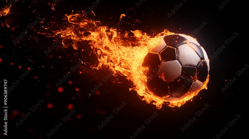 Naklejka premium A burning soccer ball on a black background. 3D illustration with space for text.