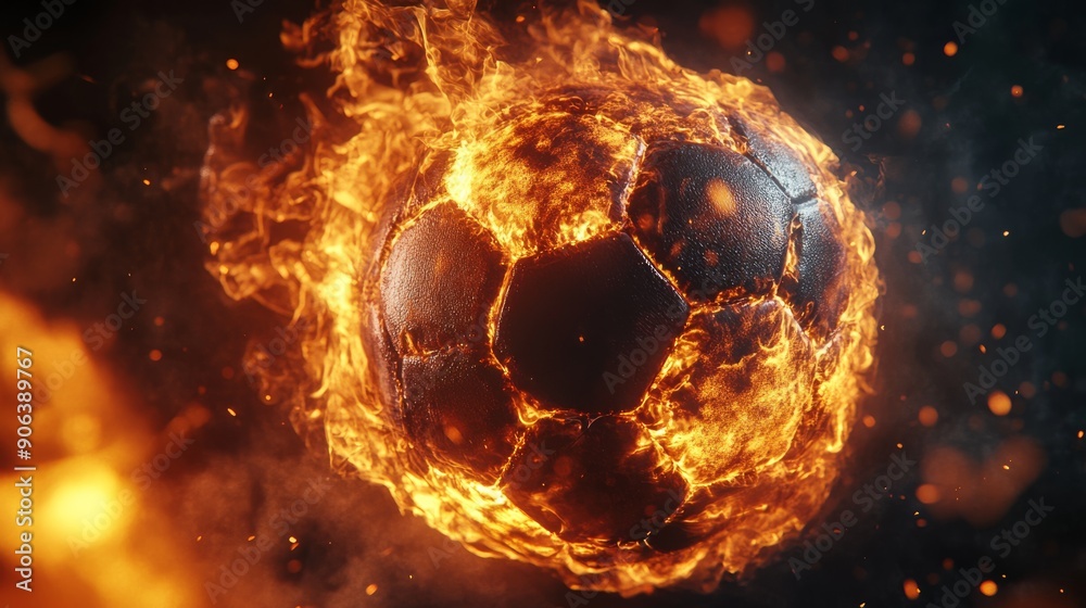 Fototapeta premium A burning soccer ball on a black background. 3D illustration with space for text.