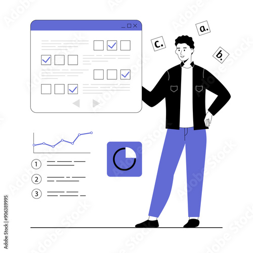 Online survey concept. Man marking answers in questionnaire, fills voting form, leaving his user experience. Vector illustration with line people for web design.