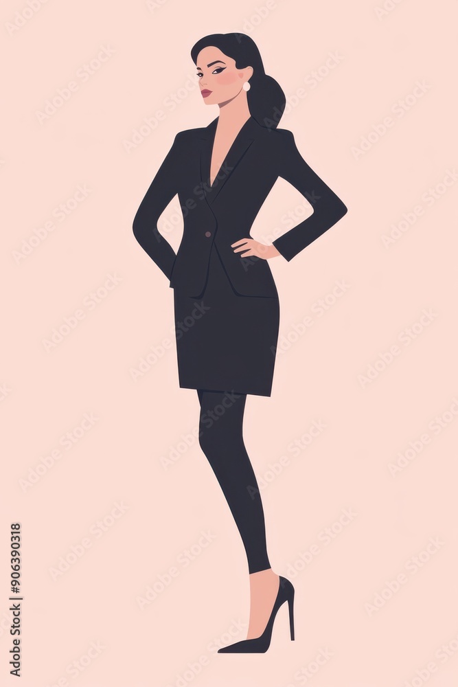 Fototapeta premium Minimalism illustration, a Latina woman, wearing a sophisticated pencil skirt in classic navy with a matching blazer, standing with one hand on her hip, high fashion, flat illustration on soft pink 