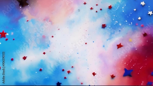 A watercolor animation of red and blue stars against an abstract red and blue background, creating a vibrant and dynamic scene.