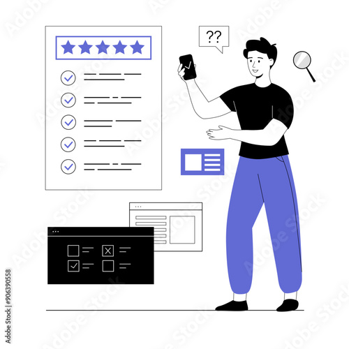Online survey concept. Feedback service. Man give feedback, choose answers, make decisions and research. Vector illustration with line people for web design.