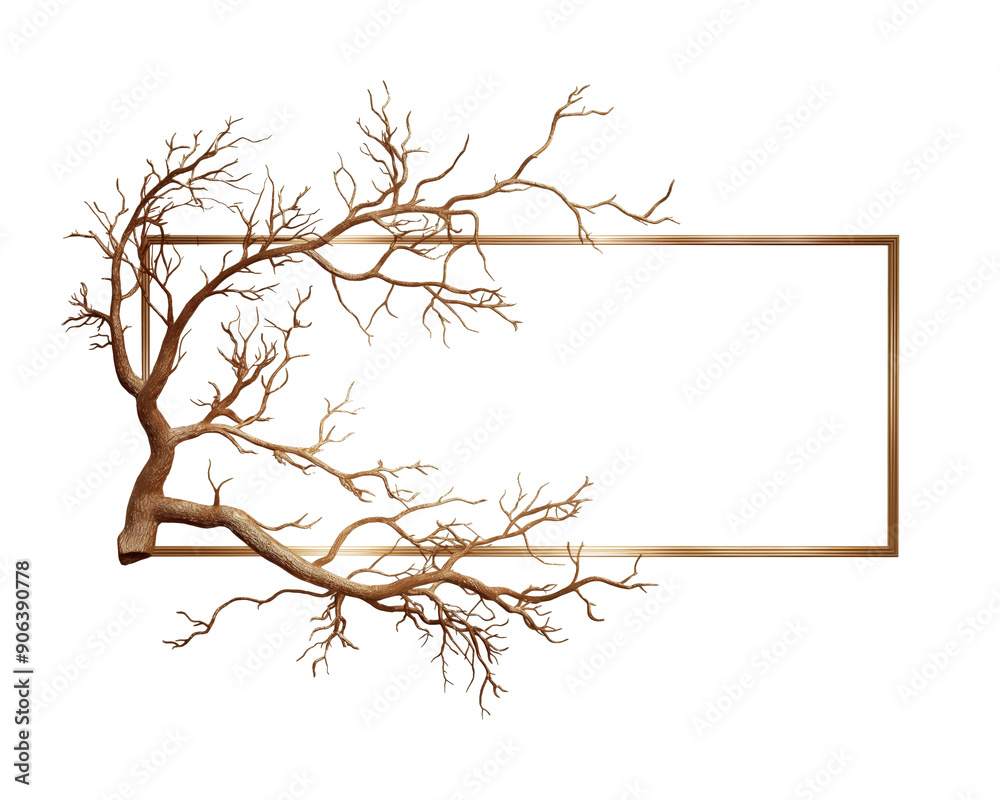 Fototapeta premium Intricate rectangular frame with a golden branch design extending from the left side, on a white background