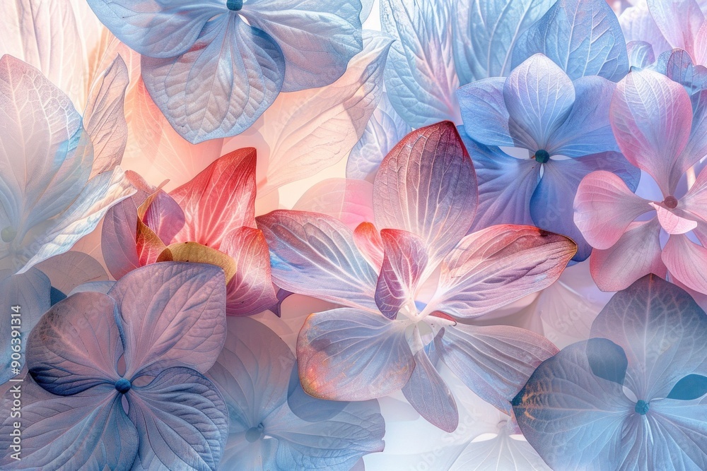 Delicate pastel floral pattern with translucent petals in shades of blue, pink, and lavender blending harmoniously on a light background Delicate pastel floral pattern with translucent petals in shades of blue, pink, and lavender blending harmoniously on a light background