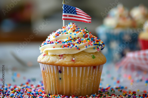 4th of July cupcake with flag and sprinkles