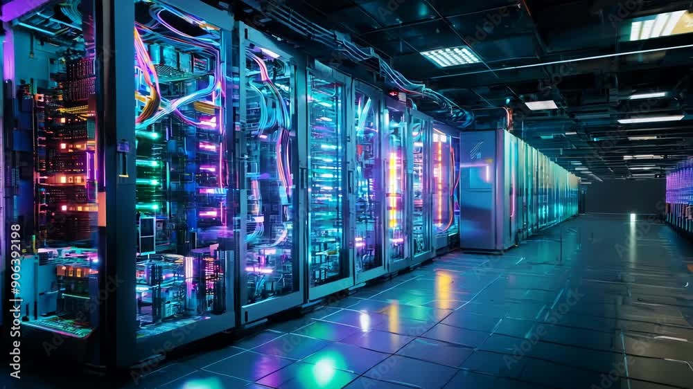High-Tech Server Room With Colorful Lighting in Modern Data Center High-Tech Server Room With Colorful Lighting in Modern Data Center