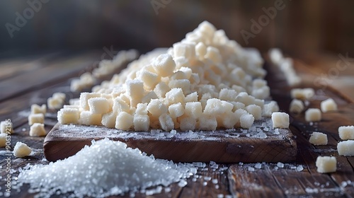 A pile of sugar cubes on a wooden table