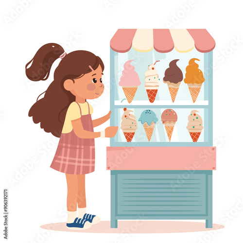 Young girl considering choices ice cream cart display various flavors. Child excitement selecting dessert summer day, cartoon style, cheerful mood, colorful illustration. Ice cream stand diverse