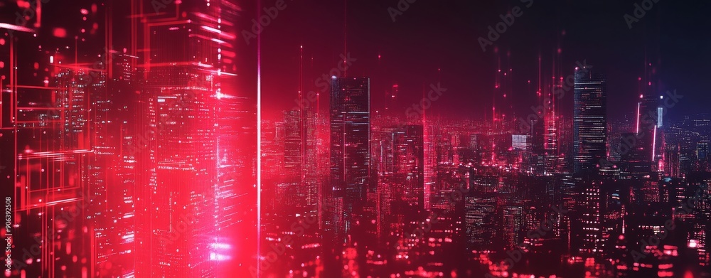 Abstract background with neon lights and glowing digital cityscape, creating an immersive experience for technology events or business illustrations. Abstract background with neon lights and glowing digital cityscape, creating an immersive experience for technology events or business illustrations.